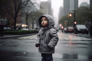 Fototapeta premium A young child stands on a wet street in the rain, looking up at the sky