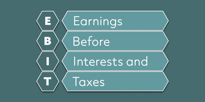 EBIT Earnings before interests and  taxes. An abbreviation of a financial term. Illustration isolated on blue green background