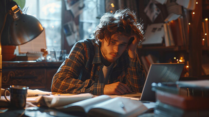 Obraz premium Focused White Male Student Studying Late at Night in a Messy Room