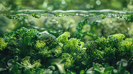 Fresh Green Broccoli Underwater View with Water Droplets and Sunlight