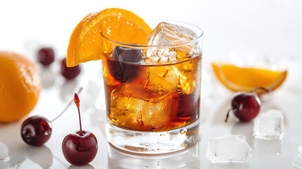 Refreshing Cold Beverage Orange Slice Cherry Accents Ice Cubes Bright Light