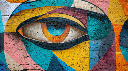 Colorful Abstract Eye Mural on Textured Urban Wall Art