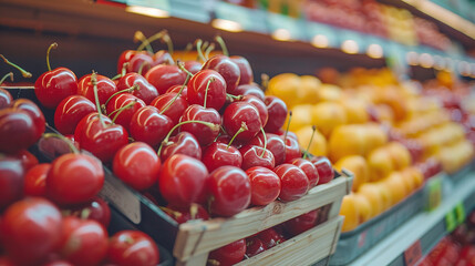 Bright Red Cherries on Display in Grocery Store with Yellow Peppers in Background