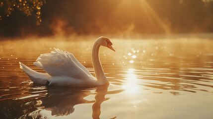Elegant White Swan Gliding on Golden Sunlit Water at Sunrise