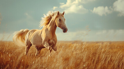 Majestic Palomino Horse Galloping in Golden Wheat Field Under Blue Sky - obrazy, fototapety, plakaty