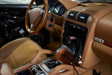 Car inside. Interior of prestige modern car. Comfortable leather seats