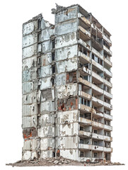 Abandoned high-rise building with peeling paint and decay isolated on transparent background