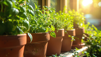 Sunlit Terracotta Planters with Fresh Herbs in Urban Balcony Garden