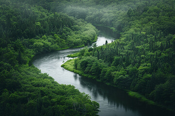 A peaceful river winding its way through a lush, green forest