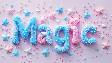 Blue and Pink Magic Word with Stars and Glitter Sprinkles on Light Background