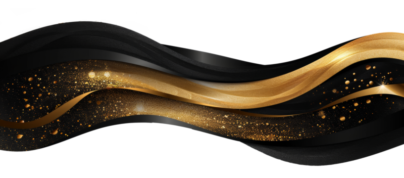 Elegant golden black waves with sparkles isolated on transparent background