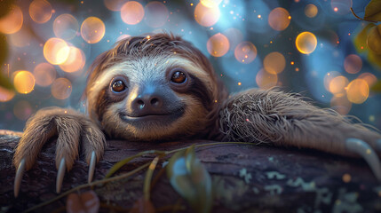 Fototapeta premium Happy Sloth Relaxing on Branch Magical Blue Golden Bokeh Lights