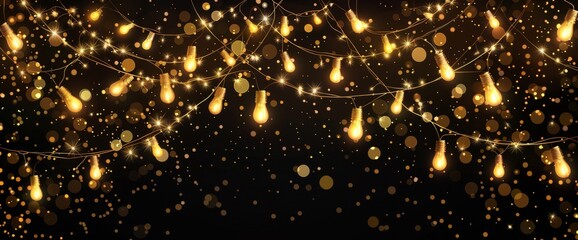 Starry lights garland on black background, glowing golden string of fairy light bulbs decoration Generative AI