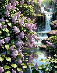 Lush lilac blooms dominate the foreground, hanging delicately over a serene pond fed by a cascading waterfall