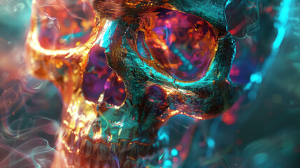 Vibrant Iridescent Skull in Smoke Mystical Fantasy Art