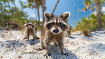 Curious Raccoons on Sunny Beach with Tropical Palms and Blue Sky