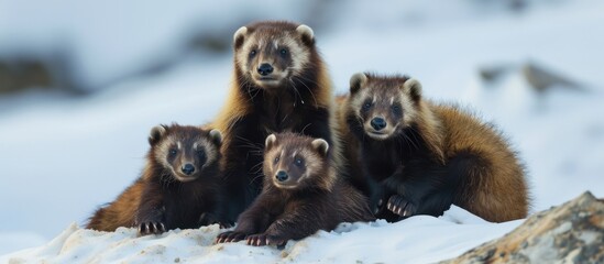 A group of wolverines in the snow with a white background
