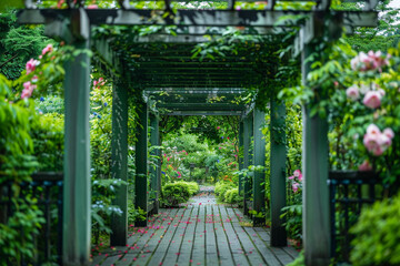 A peaceful garden with a green trellis covered in blooming flowers.