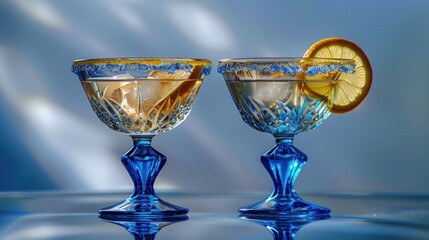 two crystal glasses full of cocktail drink margarita with slice lemon in typical mexican glass cups with blue edged line