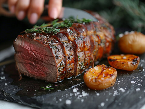 Une femme cuisini&egrave;re coupe des tranches de rosebeef / rosebif avec pommes de terres grill&eacute;es, viande de b&oelig;uf ros&eacute;e tranch&eacute;e