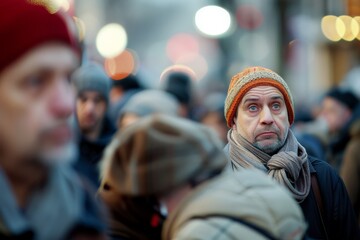 Obraz premium A solitary man stands out from a crowded street scene, looking contemplative and lost in thought