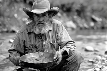 An aged gold prospector in a hat inspects a pan in a stream, evoking the gold rush era