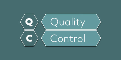 QC Quality control An Acronym Abbreviation of a financial term. Illustration isolated on cyan blue green background