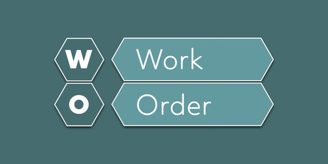 wo work order An Acronym Abbreviation of a financial term. Illustration isolated on cyan blue green background