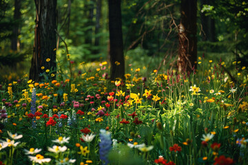 Obraz premium A peaceful forest glade filled with colorful spring wildflowers.