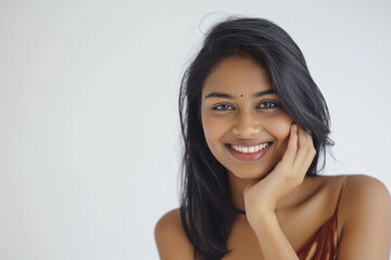 Young beautiful indian woman giving happy expression