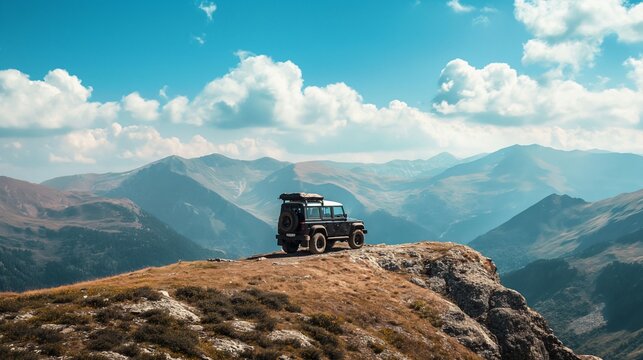 Off-road car on the top of a mountain in the mountains