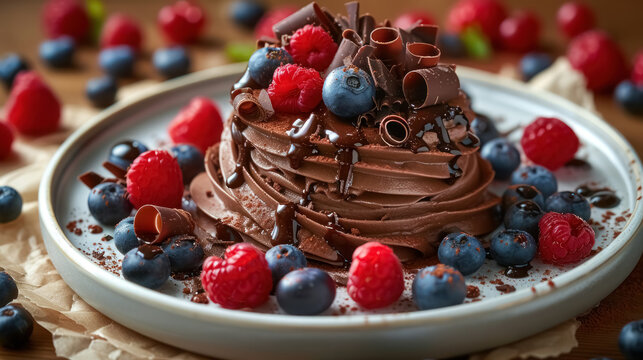 decadent chocolate mousse dessert garnished with fresh raspberries, blueberries and chocolate curls on a rustic wooden table