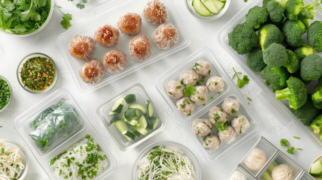 Various dimsum and meat balls and green vegetables in separate containers