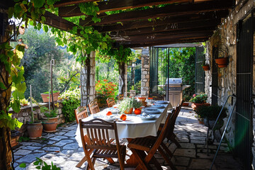 A sun-drenched patio with a table set for a leisurely outdoor meal.