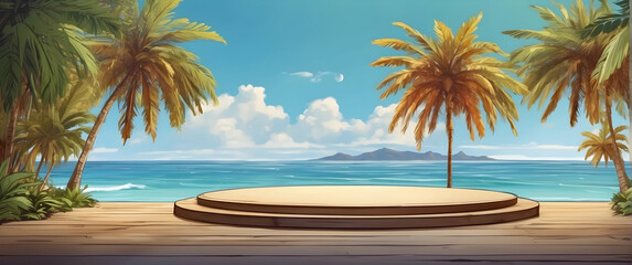 Fototapeta premium A digital illustration depicting a wooden viewing platform overlooking an inviting tropical seascape