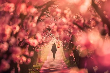 A serene lone walker is framed by the beautiful pink cherry blossoms in a dream-like spring scene