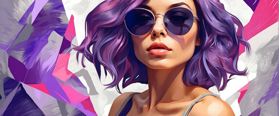 Obraz premium Stylized trendy portrait of a woman with purple hair and reflective sunglasses