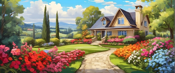 Picturesque image of a cozy house with a flower garden in the foreground and a scenic landscape in the background