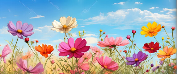 Brilliant image showcasing a field of cosmos flowers in shades of pink, orange, and yellow under a blue sky