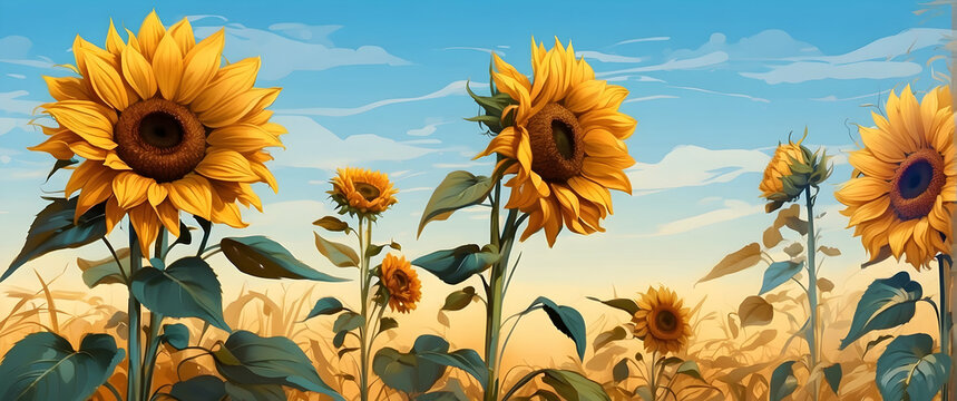 Warm, golden hues dominate this cheerful image featuring tall sunflowers facing the sun, symbolizing adoration and loyalty