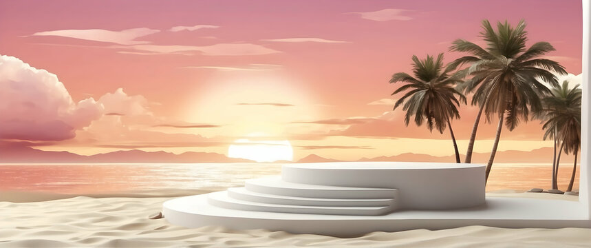 Warm pastel hues paint the sky as the sun sets behind a row of palm trees, and white stairs lead to a tranquil beach