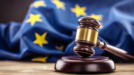 European Union flag with wooden gavel in close-up. Justice, law and legal concept.
