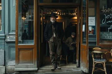 With a poised stance, this man stands at the doorway of a charming coffee shop, giving off an air of sophistication