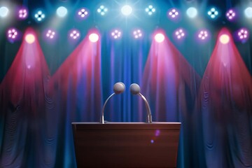 Podium with microphones against stage curtains