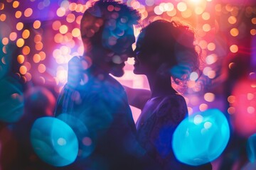 This image depicts blurred silhouettes of two people embracing, surrounded by the neon lights of a club