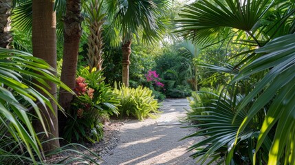 A peaceful oasis surrounded by tall elegant palm trees and flowering ginger plants.