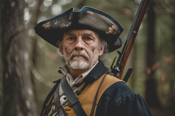 An older man in pirate attire with a tricorne hat stands in the woods, holding a rifle, portraying...