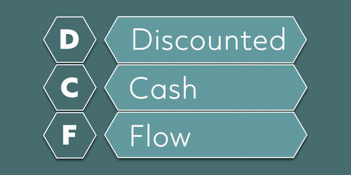 DCF Discounted Cash Flow. An Acronym Abbreviation of a financial term. Illustration isolated on cyan blue green background