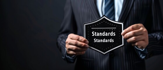 Business Standards and Professional Man Holding Virtual Badge, Corporate Identity in Modern Technology