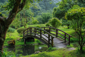 A peaceful countryside scene with a quaint wooden bridge
